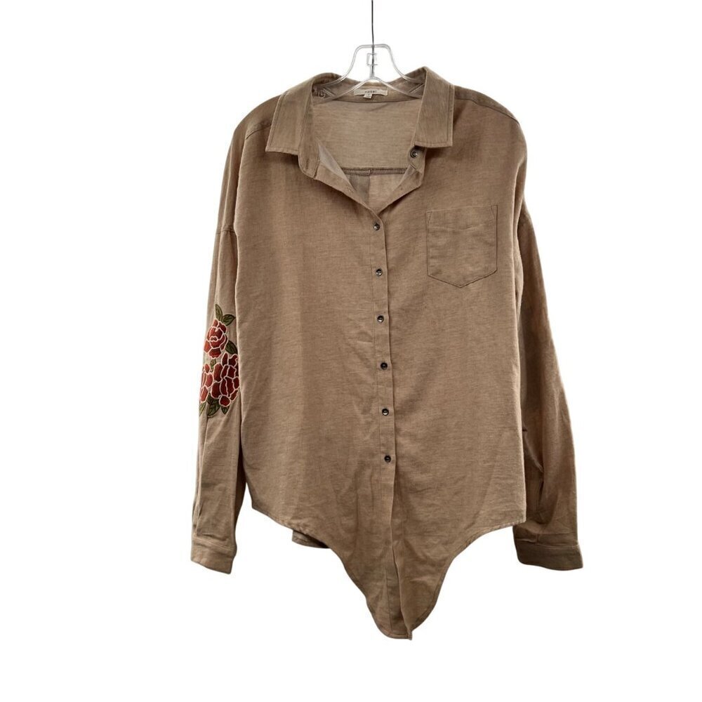 Easel Women's Button Up Top Tie Hem Embroidered Tan/Multi Size Small